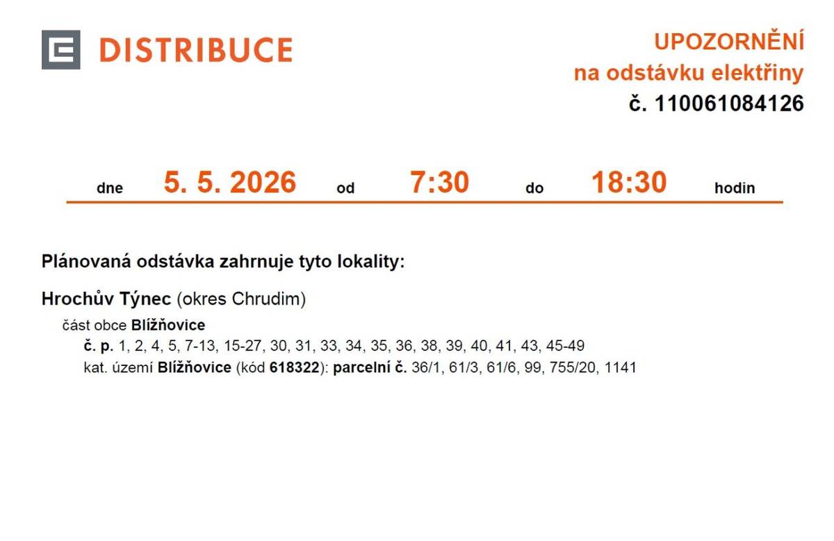 část obce Blížňovice  č. p. 1, 2, 4, 5, 7-13, 15-27, 30, 31, 33, 34, 35, 36, 38, 39, 40, 41, 43, 45-49  kat. území Blížňovice (kód 618322): parcelní č. 36/1, 61/3, 61/6, 99, 755/20, 1141