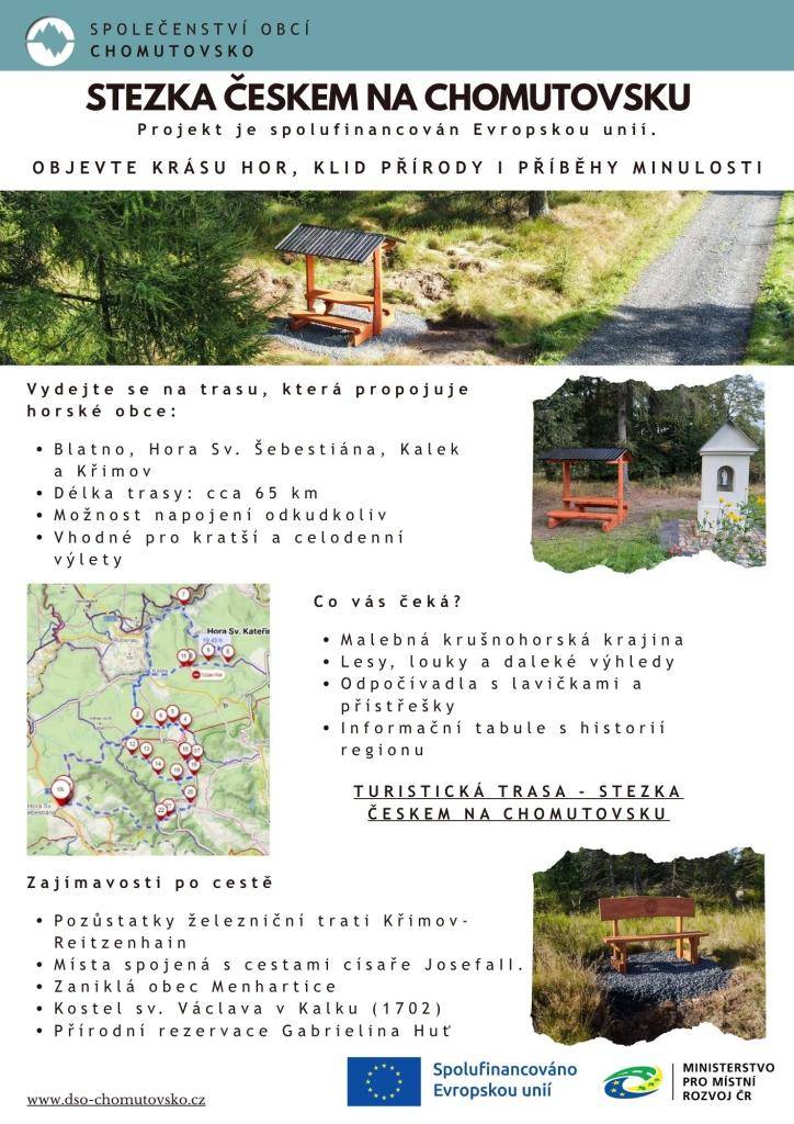 „Hledáte tip na jarní výlet? Objevte krásy našich hor po nové trase Stezka Českem na Chomutovsku! Čeká vás 65 km přírody, historie a výhledů od Křimova přes Horu Sv. Šebestiána a Blatno až po Kalek. Podrobnosti o trase najdete na přiloženém plakátu.“