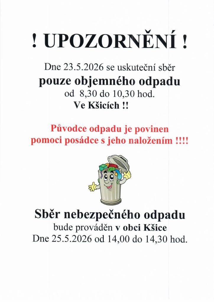 Sběr objemného odpadu 23.5.2026 a nebezpečného odpadu 25.5.2026