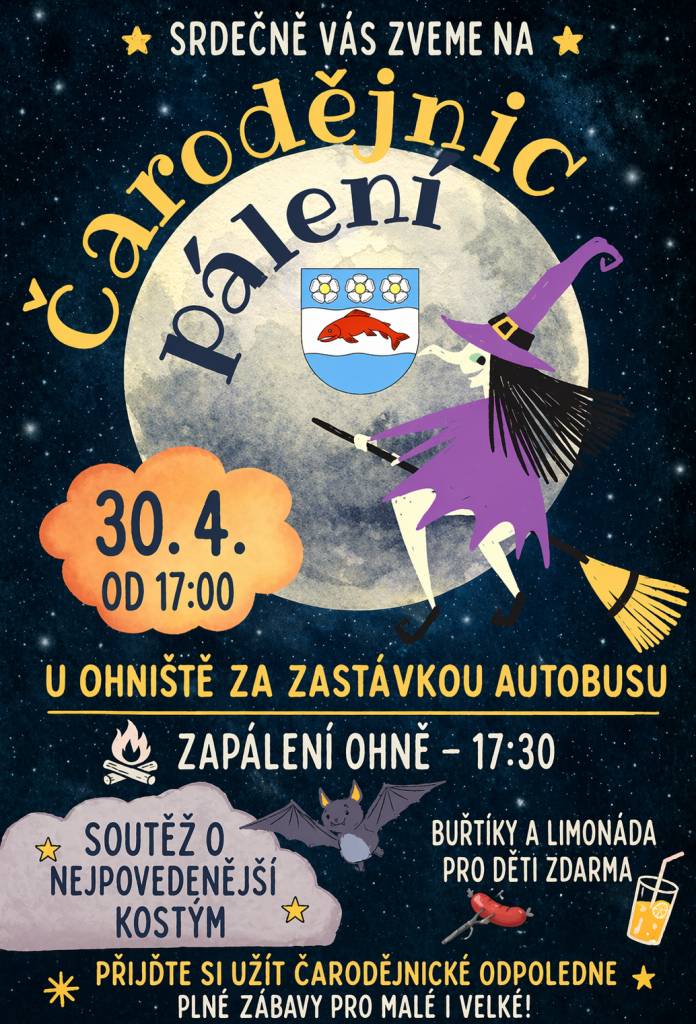 Zveme vás na tradiční pálení čarodějnic, které se uskuteční 30. dubna od 17:00 u ohniště za zastávkou autobusu. Přijďte si užít odpoledne plné zábavy pro malé i velké.
