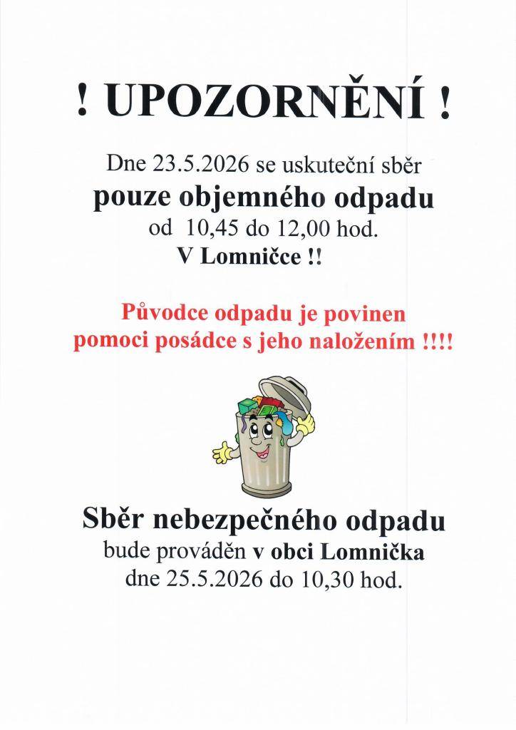 Sběr objemného odpadu 23.5.2026 a nebezpečného odpadu 25.5.2026