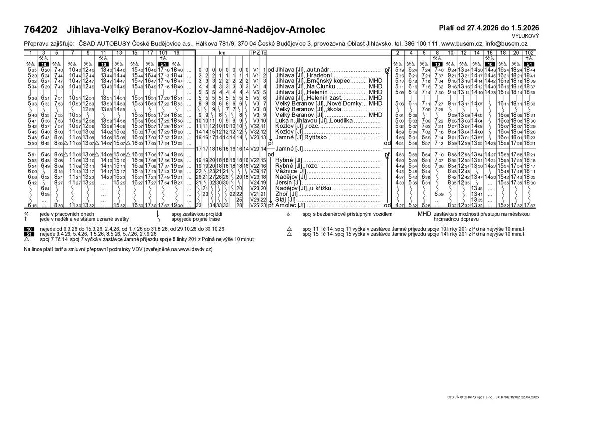 Dobrý den, v příloze zasíláme výlukový jízdní řád linky 764202, který bude platný od 27.04.2026 do 01.05.2026 z důvodu uzavírky II/351 mezi Rybné a Věžnice příloze také naleznete porovnání stávajícího a výlukového jízdního řádu. Další informace o řešení autobusové dopravy v rámci této (i dalších uzavírek) naleznete na stránkách idsvdv.cz v sekci Mimořádnosti a výluky -> Autobusové výluky. V případě jakýchkoliv dotazů či připomínek se neváhejte obrátit na oddělení dopravní obslužnosti +420 564 602 191.