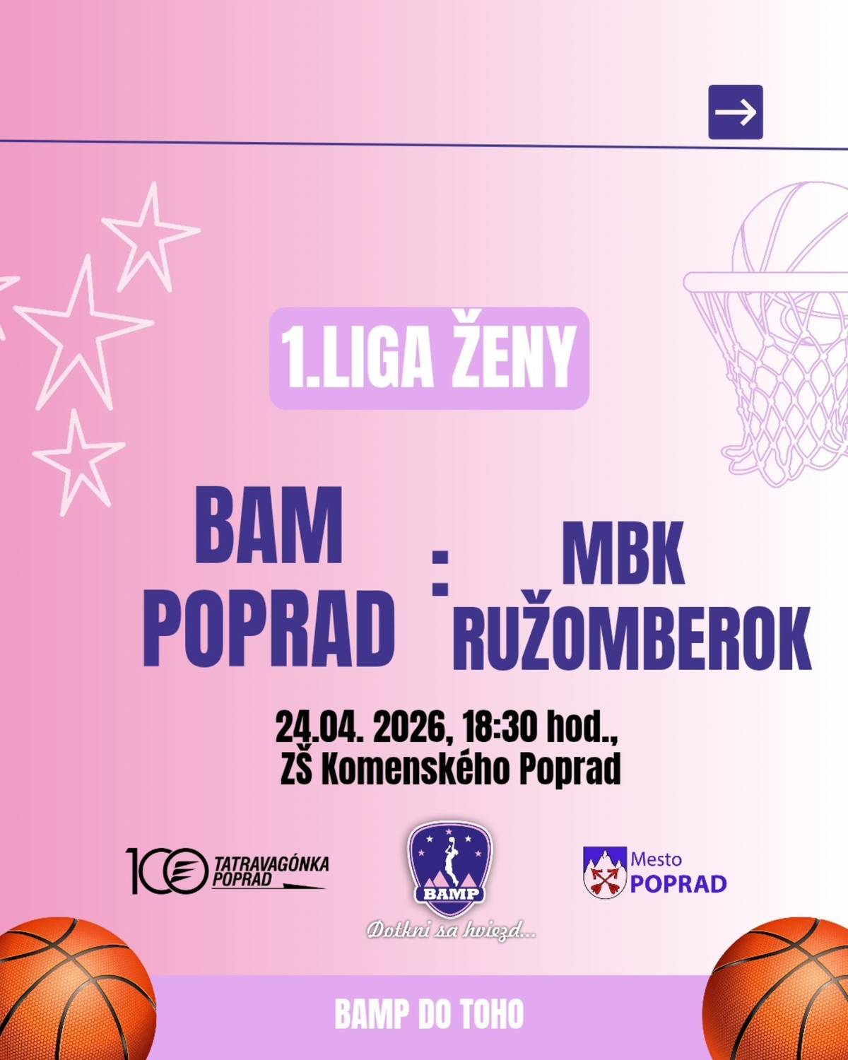 🏀Popradské basketbalistky odohrajú prvý zápas Štvrťfinále Play-off 1. ligy žien, mladých žien U23 a junioriek U19 na domácej palubovke. 👉Súpera z tímu MBK Ružomberok U19 privítajú Popradčanky už dnes - v piatok 24. apríla o 18.30 hod. v telocvični ZŠ Komenského. 💪Séria sa hrá na dva víťazné zápasy a odveta je na programe v Ružomberku hneď v nedeľu 26. apríla o 12.30 hod. Prídete dievčatá povzbudiť? 😉