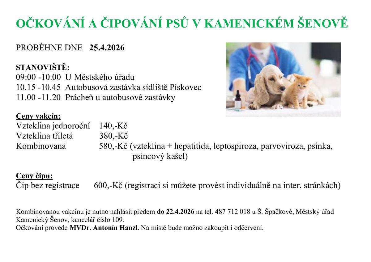 Již zítra proběhne po městě očkování psů dle rozpisu níže.