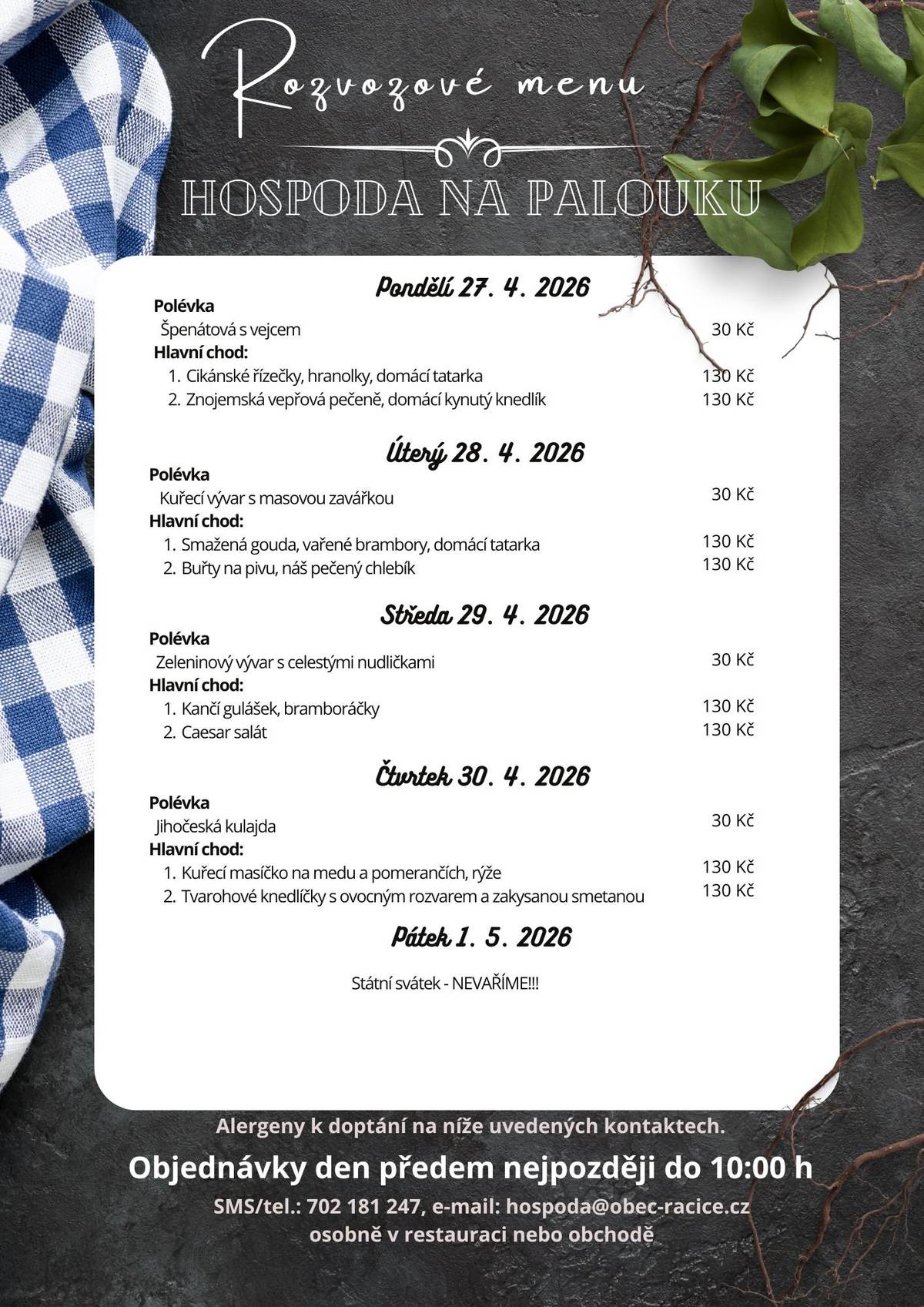 Jídelní lístek - rozvozové menu