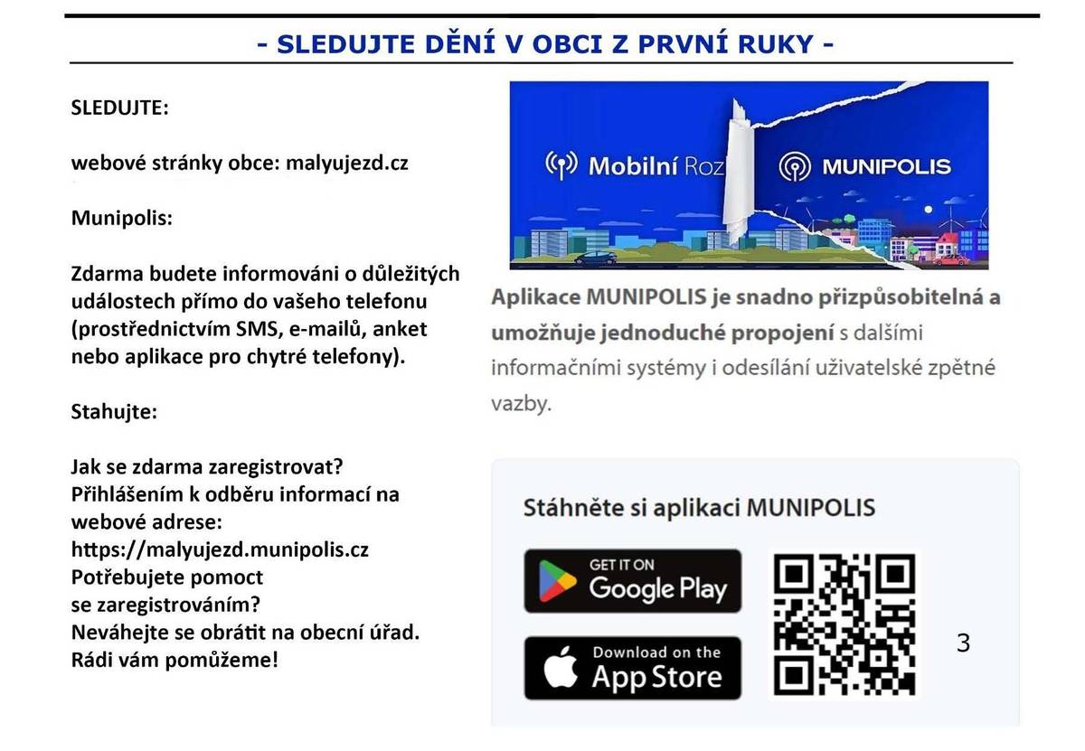 Facebook - Obec Malý Újezd Facebookové stránky naší obce byly napadeny. Z tohoto důvodu připravujeme nové o kterých Vás budeme informovat. Veškeré informace o dění v obci naleznete na webových stránkách nebo prostřednictvím MUNIPOLIS. Děkujeme za pochopení
