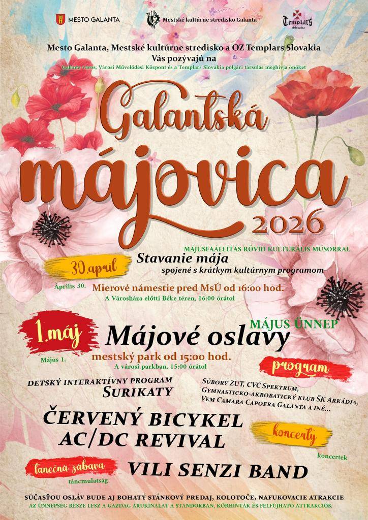 Mesto Galanta, Mestské kultúrne stredisko a OZ Templars Slovakia vás srdečne pozývajú osláviť príchod mája!