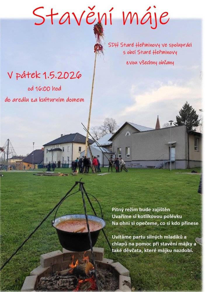 Vážení spoluobčané, přijměte srdečné pozvání na Stavění máje a rej čarodějnic, který se uskuteční v pátek 1.5.2026 od 16:00 hod. v areálu kulturního domu. Snad vyjde i počasí, tak sebou dobrou náladu, pánové připravit svaly a dámy košťátka a slušivý kostým. Pitný režim a gulášovka zajištěna, špekáček sebou. Akci pořádají místní hasiči ve spolupráci s obcí. Těšíme se na Vás. Daniela Skotnicová