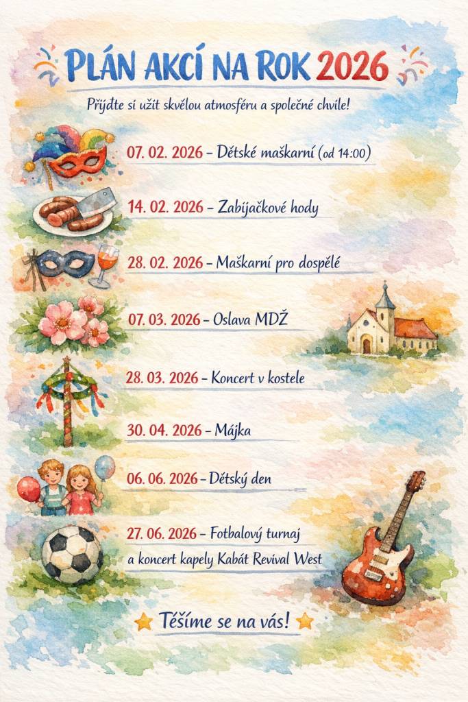 Rozpis plánovaných akcí v obci Záchlumí pro rok 2026.