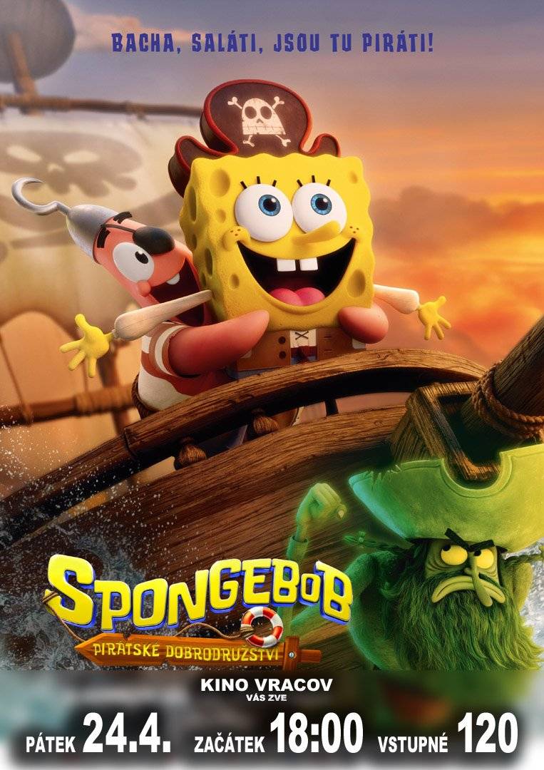 Městský kulturní klub Vracov Vás zve do kina. Dnes v pátek 24. 4. 2026 promítáme rodinnou animovanou komedii SpongeBob: Pirátské dobrodružství. Začátek promítání je v 18:00 hodin. Občerstvení zajištěno. Cena vstupného je 120Kč. SpongeBob je animovanou ikonou několika generací, které baví svým nakažlivě praštěným životním stylem na mořském dně, v Zátiší Bikin. Prakticky každý jeho den je zcela výjimečný. Na začátku tohoto příběhu zjistí, že se dočkal dne s velkým D. SpongeBob totiž přes noc povyrostl tak, že už se může oficiálně označovat za velkého kluka. Co je ještě důležitější, už je vysoký tak, že může jít na tu nejhrůzyplnější atrakci v místním zábavním parku. Když to ovšem vypráví svému zaměstnavateli, majiteli restaurace panu Krabsovi, ten se mu vysměje. Když byl on ve SpongeBobově věku, tak už se proháněl po těch nejbouřlivějších mořích a zažíval všelijaká dobrodružství při střetech s piráty a další mořskou havětí. Kam se na to hrabe nějaká horská dráha. A velký kluk SpongeBob okamžitě zatouží pana Krabse v jeho hrdinské kariéře následovat. A právě na takového odvážlivce čeká duch legendárního piráta Bludného Holanďana, který zavede SpongeBoba tam, kam noha žádné žluté houby ještě nikdy nevkročila. Hlavně, aby se dokázal vrátit.