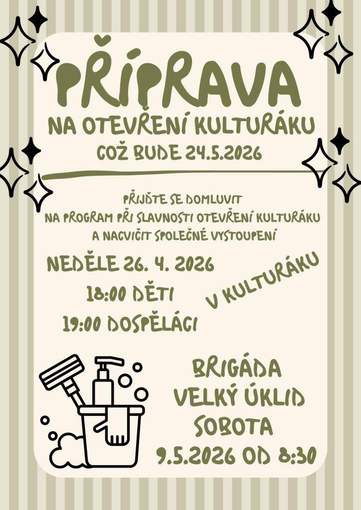 Hurá, už se to blíží. 24.5.2026 bychom rádi otevřeli náš nový kulturní dům. Ale je potřeba vše připravit. Proto bychom byli rádi, kdybyste se zapojili. Vždyť je to NAŠE komunitní centrum.