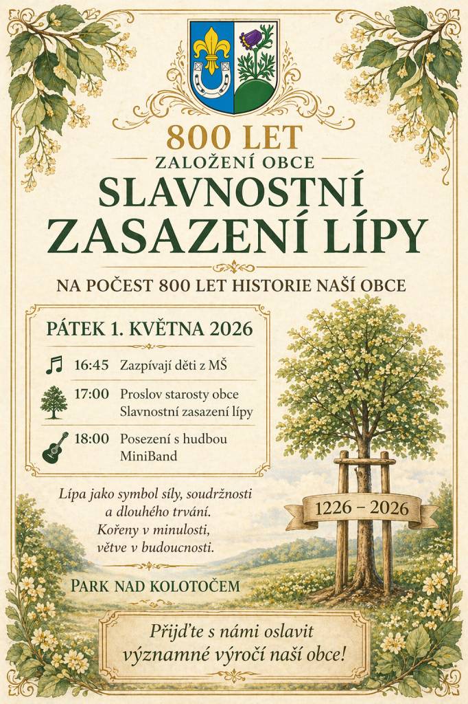 Obec Lužice vás srdečně zve na slavnostní zasazení památeční lípy k příležitosti 800. výročí obce.