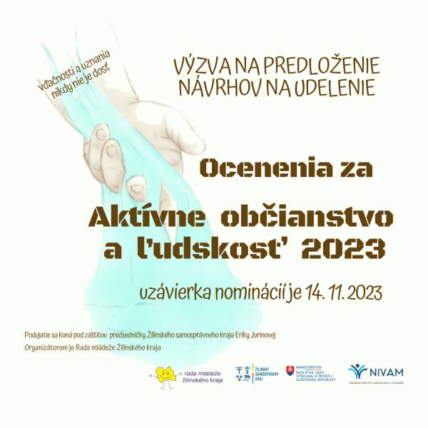 Výzva na predloženie návrhov na ocenenie za aktívne občianstvo a ľudskosť 2023 v Žilinskom kraji