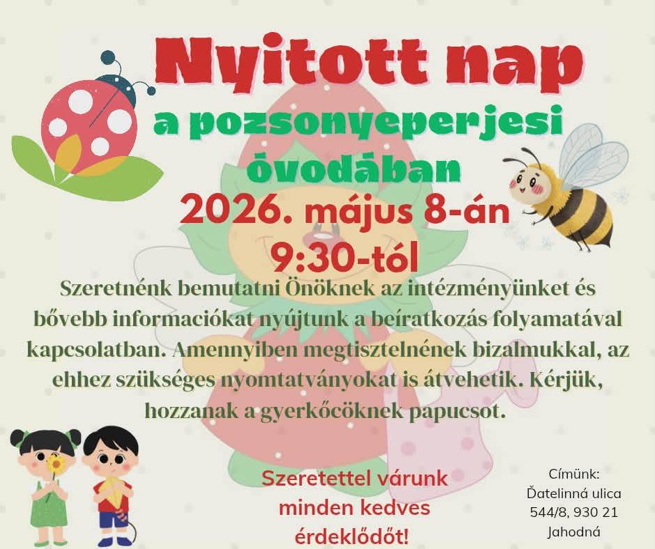 Nyitott nap a pozsonyeperjesi óvodában május 8-án, 9.30-tól./  Otvorený deň v MŠ v Jahodnej 8-eho mája od 9:30 hodín.
