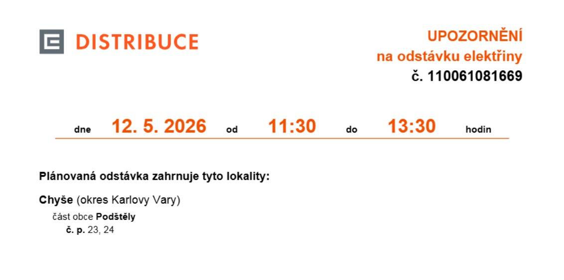 Odstávka elektřiny Podštěly