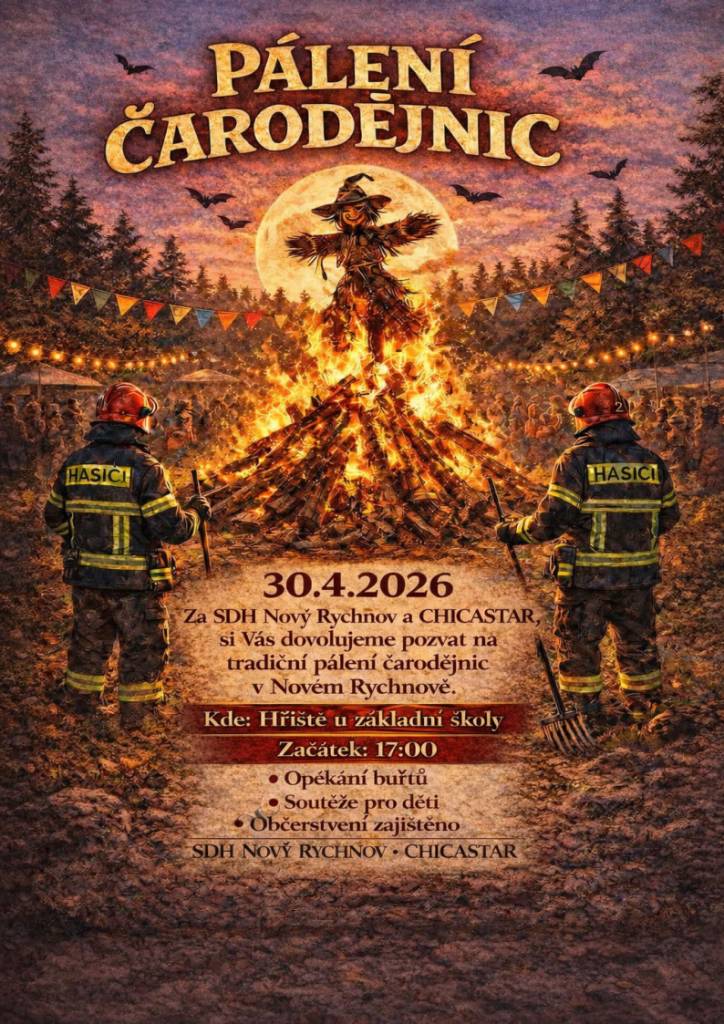 SDH Nový Rychnov a Chicastar z.s. vás zvou na pálení čarodějnic 30. 4. 2026 od 17:00 hod. Na hřišti u základní školy v Novém Rychnově.  Těšit se můžete na: Soutěže pro děti, oheň a čarodějnickou zábavu.