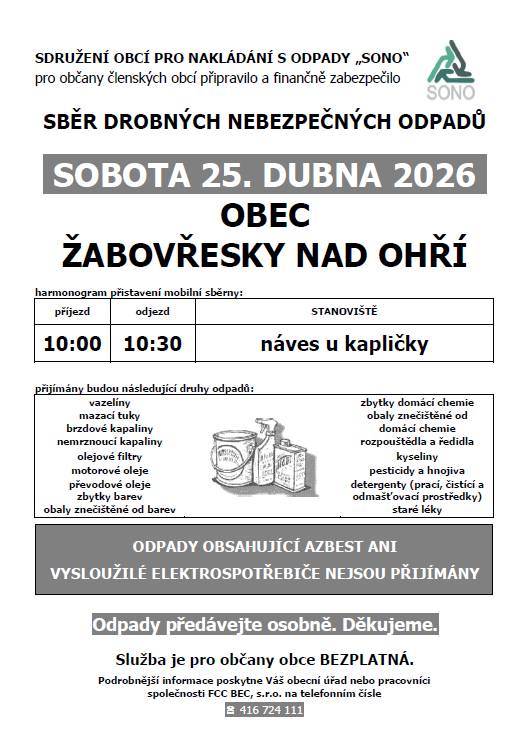 📢 Sběr drobných nebezpečných odpadů v obci Žabovřesky nad Ohří Vážení občané, v sobotu 25. dubna 2026 proběhne v naší obci mobilní sběr drobných nebezpečných odpadů. 🕙 Kdy: 10:00 – 10:30 📍 Kde: náves u kapličky ♻️ Co můžete odevzdat:  oleje (motorové, převodové), olejové filtry brzdové a nemrznoucí kapaliny vazelíny a mazací tuky zbytky barev a obaly od nich domácí chemii a znečištěné obaly rozpouštědla a ředidla kyseliny pesticidy a hnojiva čisticí a prací prostředky staré léky  ❗ Upozornění:  Nepřijímáme odpady obsahující azbest Nepřijímáme vysloužilé elektrospotřebiče Odpady je nutné předat osobně  💰 Služba je pro občany zdarma. Děkujeme, že třídíte odpad a přispíváte k ochraně životního prostředí 🌱