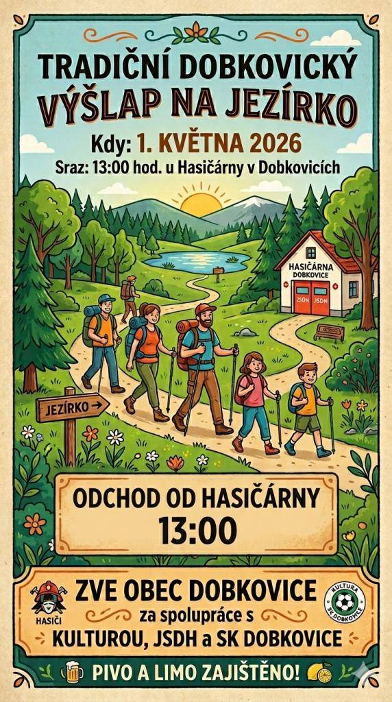 Zveme vás na tradiční dobkovický výšlap na Jezírko, který se koná 1. května 2026. Sraz bude v 13:00 hodin u HASIČÁRNY v Dobkovicích, těšíme se na vaši účast.
