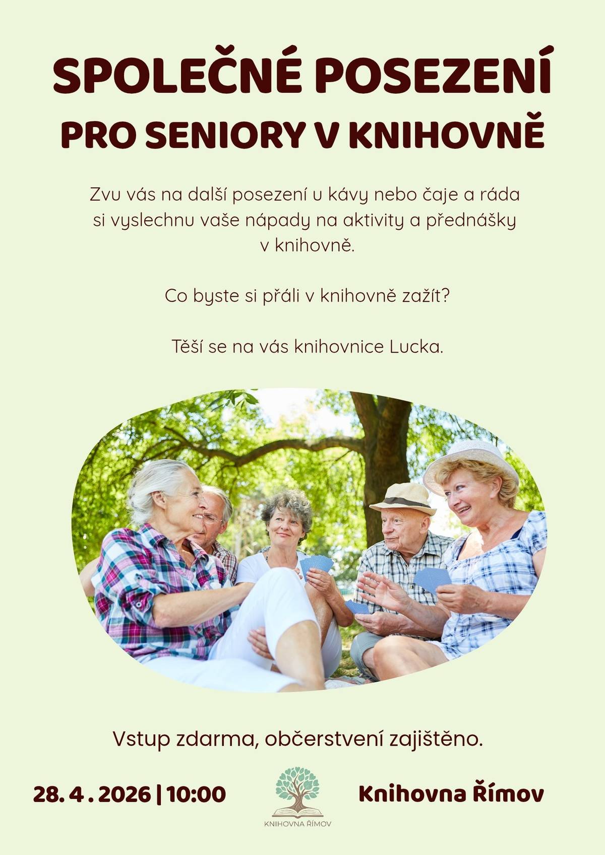 Srdečné pozvání na společné setkání u kávy nebo čaje v knihovně v Římově. Úterý 28. 4. 2026 v 10:00.
