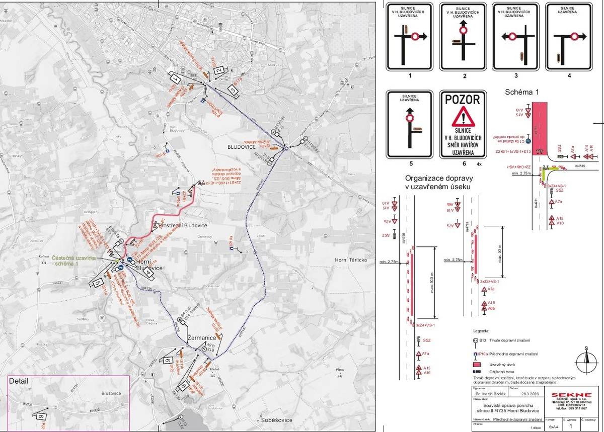 Správa silnic Moravskoslezského kraje informuje, že od pondělí 27. dubna 2026 do čtvrtku 25. června 2026 bude probíhat souvislá oprava povrchu silnice III/4735 v Horních Bludovicích v úseku km 9,563 – 11,143 silničního staničení. Délka opravovaného úseku je 1580 metrů. Práce budou rozděleny do dvou etap. Začátek úseku navazuje na opravu realizovanou v roce 2024 a nachází se za křižovatkou s ulicí U Lipek, konec úpravy je v křižovatce se silnicí III/4731 za Obecním úřadem v Horních Bludovicích. V plánu je výměna asfaltového krytu komunikace, zřízení krajnic i vodorovného dopravního značení.  Dopravní omezení:    od 27. dubna 2026 do 5. června 2026 a od 8. do 25. června 2026 - částečná uzavírka silnice III/4735 v místě křižovatky se silnicí III/4731 a úplná uzavírka silnice č. III/4735 a III/4731 v úseku od křižovatky silnic III/4735 a III/4731, po křižovatku s ulicí U Lipek (mimo BUS, IZS, dopravní obsluhu a vozidla stavby)   od 6. do 7. června 2026 (náhradní termín v případě nevhodných klimatických podmínek 20. – 21. června 2026) - úplná uzavírka silnice III/4735 a III/4731 v úseku od křižovatky silnic III/4735 a III/4731, po křižovatku s ulicí U Lipek (mimo vozidla stavby)  https://havirov-city.cz/aktuality/pondeli-27-dubna-zacne-oprava-silnice-iii-4735-hornich-bludovicich