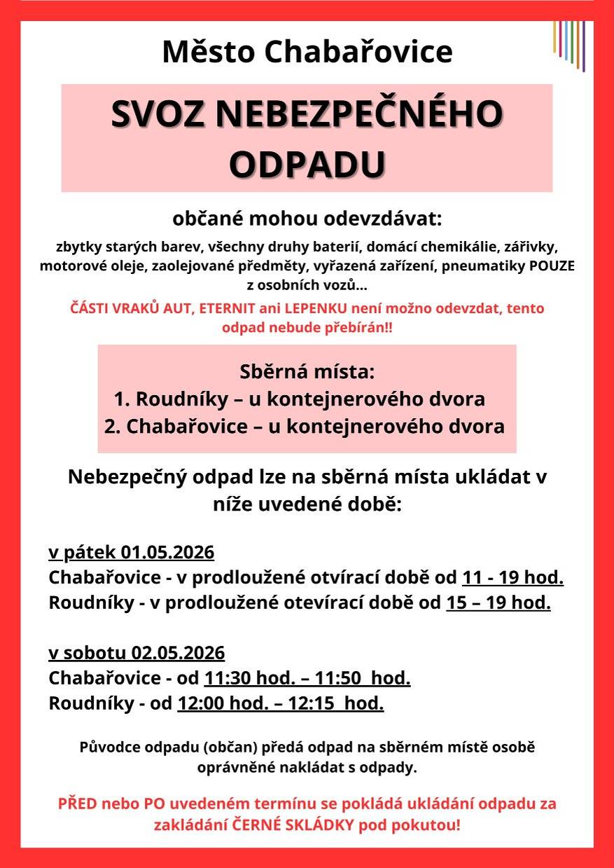 Informace ke svozu nebezpečného a velkoobjemového odpadu.