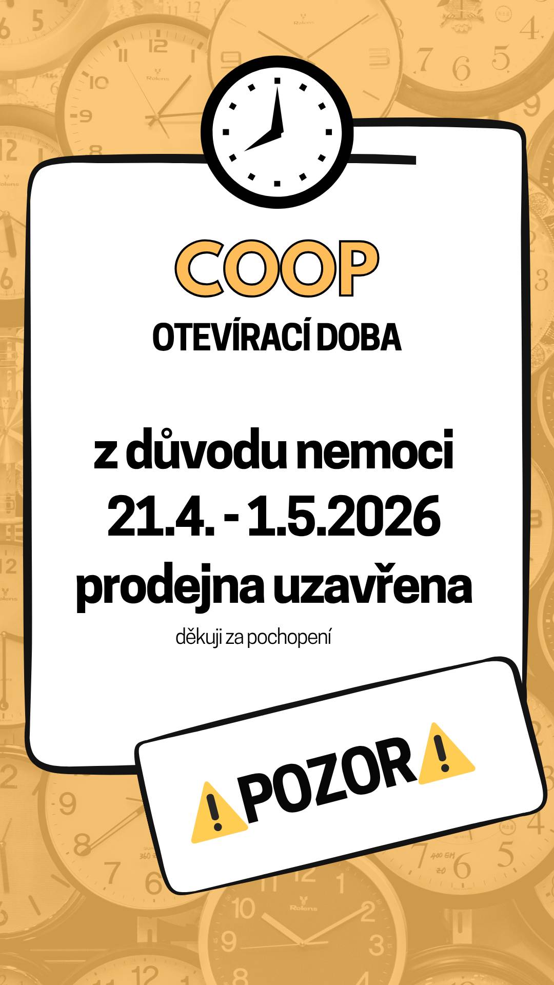 COOP Jednota pobočka Milovice upozorňuje: z důvodu nemoci je prodejna od  21.4. do 1.5. 2026 UZAVŘENÁ. Děkujeme za pochopení.