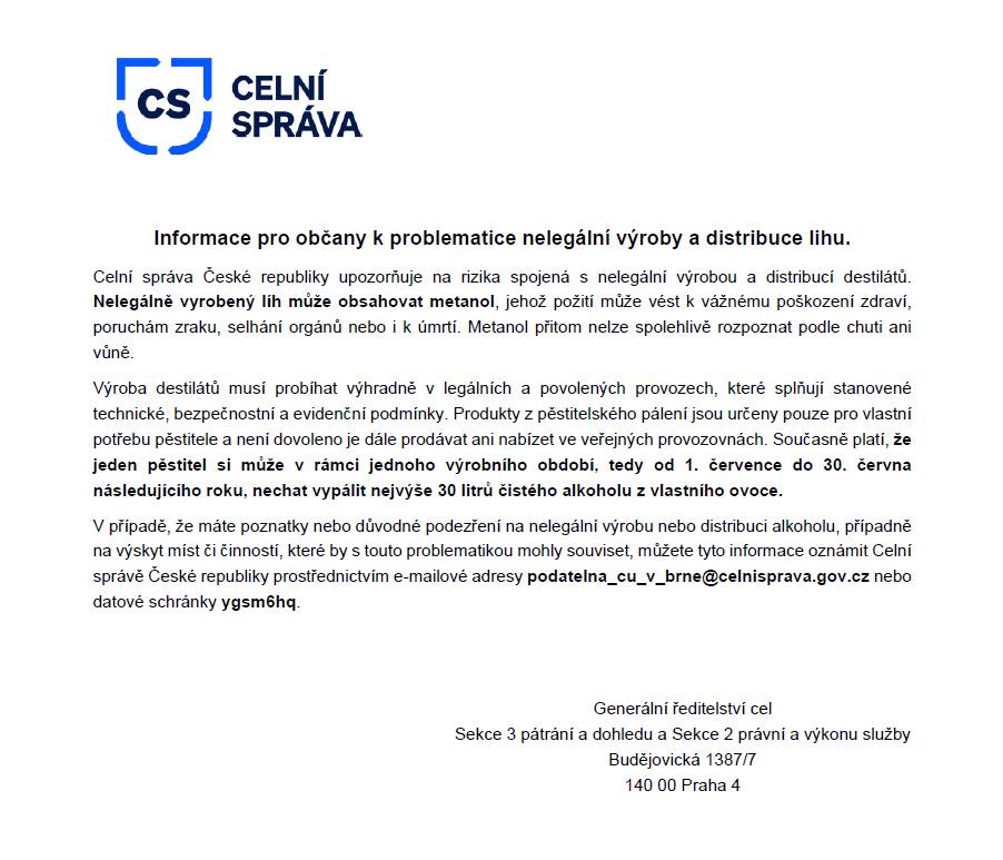 INFORMACE PRO OBČANY K PROBLEMATICE NELEGÁLNÍ VÝROBY A DISTRIBUCE LIHU