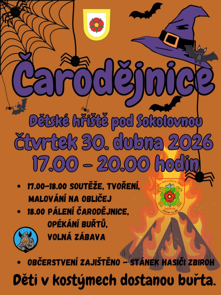 Přijďte oslavit pálení čarodějnic, které se uskuteční 30. dubna 2026 od 17:00 na dětském hřišti pod sokolovnou.