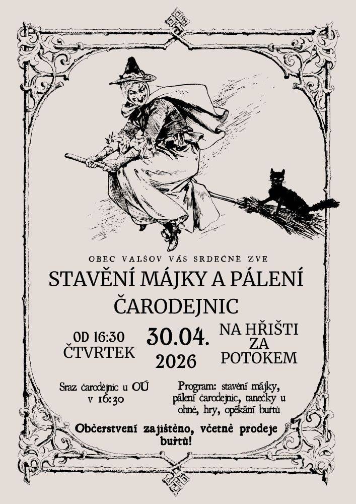 Stavění májky, pálení čarodějnic, tanečky u ohně, hry a opékání buřtů. Buřty k opékání a další občerstvení bude možno zakoupit v bufetu.