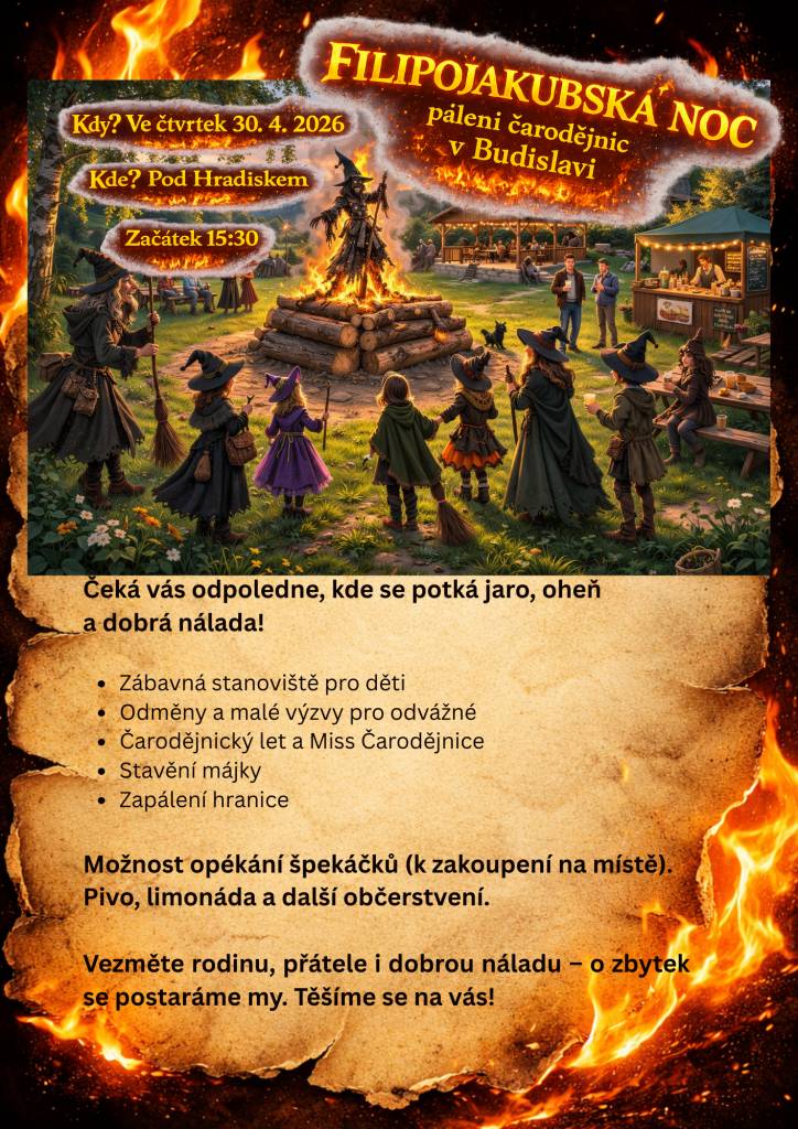 Přijďte si užít čarodějnický let a tradiční stavění májky, které se koná v naší obci. Tato akce je určena pro všechny odvážné a zábavné duše. Můžete se těšit na opékání špekáčků a další zajímavé aktivity.