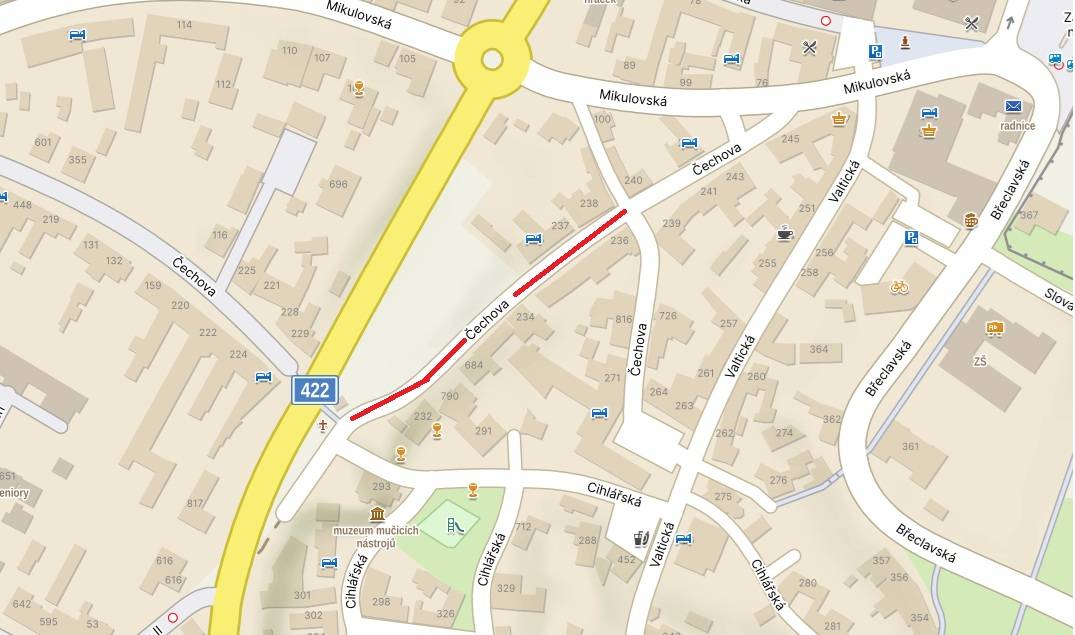 Dnes 23.4.2026 bude z důvodu havárie vodovodní přípojky odstavena dodávky vody v obci Lednice.   Odstavená část: Ulice Čechova (viz přiložená mapka)   Doba odstávky: 8:30-10:00  Vodovody a kanalizace, a.s. Břeclav