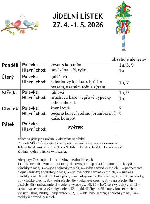 Jídelní lístek od 27. 4. -1. 5. 2026
