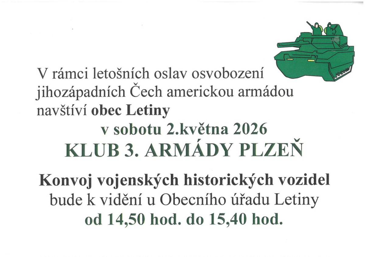 Oslavy osvobození proběhnou dne 2.5.2026 u Obecního úřadu v Letinech od 14.50 hod. do 15.40 hod.