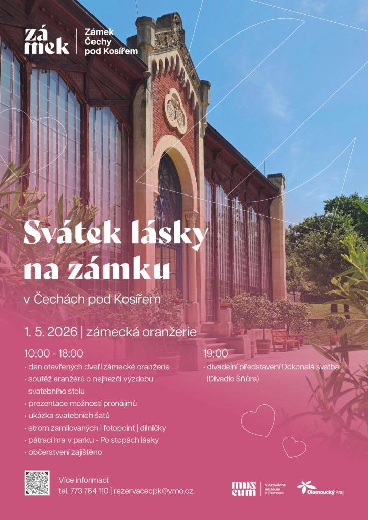 Zámek v Čechách pod Kosířem srdečně zve na Svátek lásky na zámku v Čechách pod Kosířem v pátek 1.5.2026 od 10.00 do 18.00 hod. Od 19.00 hod. je připraveno divadelní představení Dokonalá svatba v podání Divadla Šňůra.