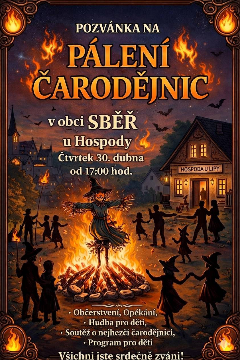 Zveme vás na pálení čarodějnic, které proběhne ve čtvrtek 30.4.2026 od 17:00 na zahradě hospody „U Lípy“. Můžete se těšit na soutěž o nejhezčí čarodějnici, program pro děti s diskotékou a samozřejmě tradiční opékání špekáčků. Všichni jste srdečně zváni. Těšíme se na vás