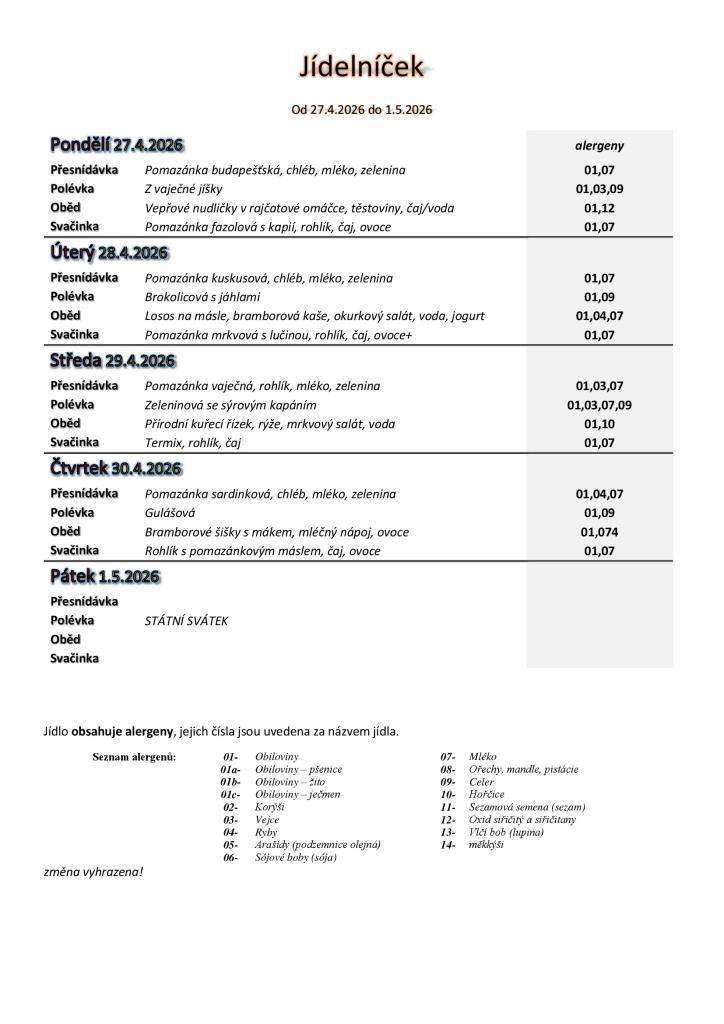 Jídelníček základní školy platný v týdnu od 27.-30.4.2026. V pátek 1.5. se nevaří.