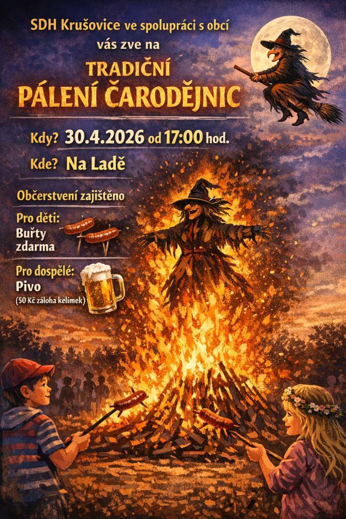Zveme všechny na tradiční pálení čarodějnic na Ladě.  30.4.2026 od 17:00 hodin  Občerstvení zajištěno