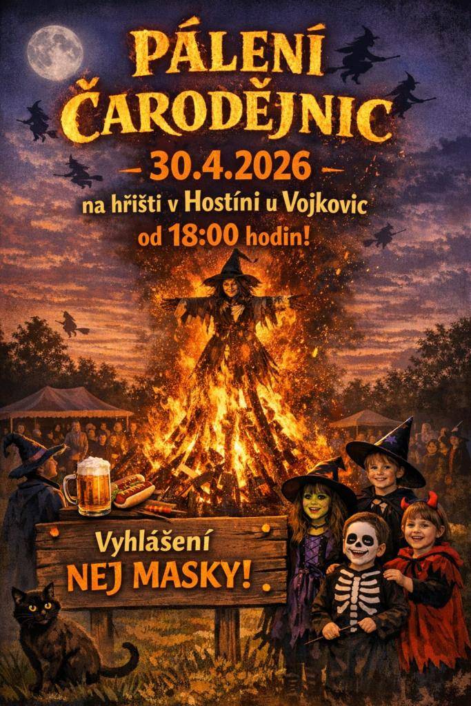 Tradiční akce Pálení čarodějnic se uskuteční 30. dubna 2026 na hřišti v Hostíni u Vojkovic. Začátek je plánován na 18:00 hodin a návštěvníci se mohou těšit na vyhlášení nejlepší masky. Přijďte si užít příjemný večer plný zábavy a tradic.