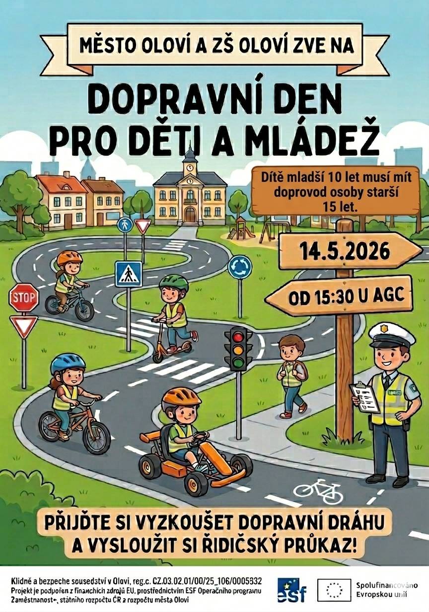 Město Oloví a Zakládní a mateřská škola Oloví zve všechny menší i větší děti na akci: Dopravní den pro děti a mládež, která se bude kounat na louce u AGC, kde si děti budou moci vyzkoušet své znalosti a dovednosti v dopravní praxi a za odměnu obdrží svůj dětský řidičský průkaz. Na dráhu doporučujeme kola či koloběžky/odrážedla s většími koly. Děti mladší 10 let musí mít doprovod osoby starší 15 let.