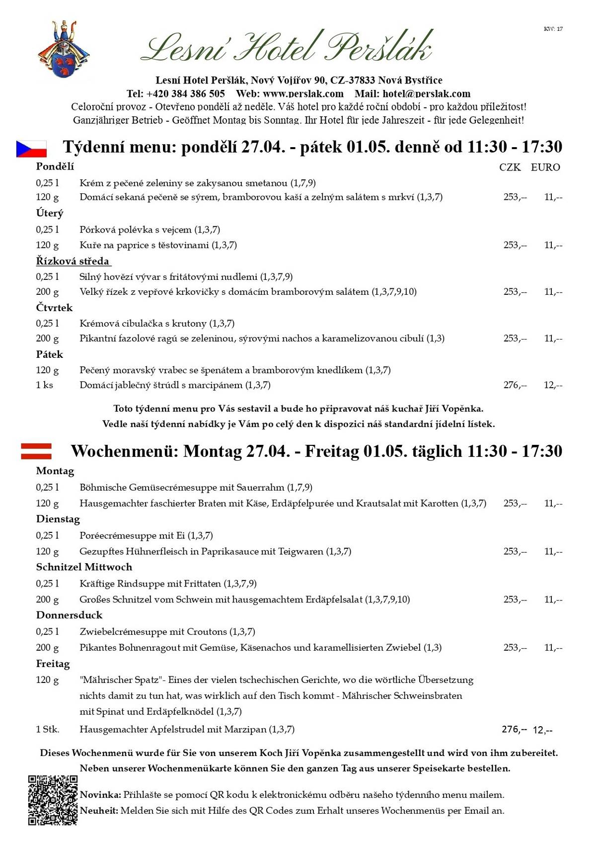 Vážení hosté, jaro je v plném proudu, příroda se probudila více k životu a začíná se nám pěkně vybarvovat. Převažuje samozřejmě zelená v mnoha odstínech - tmavě zelená jehličnanů, svěží zelená listů bříz a nové trávy, světlounce zelené skoro až žluté květy javorů. Mezi touto záplavou zeleně občas vysvitne bíle kvetoucí trnky nebo jiné ovocné stromy nebo naopak zahlédnete hnědé hlavičky trávy krvavce, neopadaných listů dubů či zatím jen pučících listnáčů. Občas už můžete zahlédnout i žluté pampelišky. Tento obrázek venkovské krajiny doplňuje ještě modré nebe. Toto vše potkáte cestou na Peršlák. Neváhejte a přijďte pěšky nebo přijeďte na kole, na koni, autem či kočárem pokochat se pohledem na malebnou scenérii a v naší restauraci si pochutnat na Vašem oblíbeném pokrmu či nápoji nebo vyzkoušet naši novinku Sarti Spritz. V našem česko-rakouském pohraniční se vždy něco děje. Od Jindřichova Hradce, Novou Bystřici přes Litschau až do Heidenreichsteinu. My Vám poradíme kam vyrazit. Naše volnočasové tipy najdete na našich webových stránkách zde: https://www.perslak.com/kalendar-akci.html Protože kapacita naší zahrádky i restaurace je omezená, prosíme Vás o včasnou rezervaci na telefonním čísle: 384 386 505. Pro školáky a studenty z Nové Bystřice a širokého okolí i letos, hlavně o víkendech, ale i o prázdninách, nabízíme možnost brigády v restauraci nebo hotelu formou DPP. Minimální hodinové ohodnocení je u nás na Peršláku 180,-- a stravování je během směny zdarma. Rádi v našem kolektivu přivítáme spolehlivé a angažované lidi, které baví gastronomie a práce s lidmi. Již nestudujete, ale rádi byste si při Vaší současné práci přivydělali prací v gastronomií? Taky nás neváhejte kontaktovat, rádi Vás poznáme. PS: Naše restaurace je pro Vás otevřená 7 dní v týdnu, vždy od 11:30. Samozřejmě si můžete po celý den objednat z našeho stálého jídelního lístku.   Těšíme se na Vaši návštěvu. S pozdravem a úctou, Marcus O. Hauser