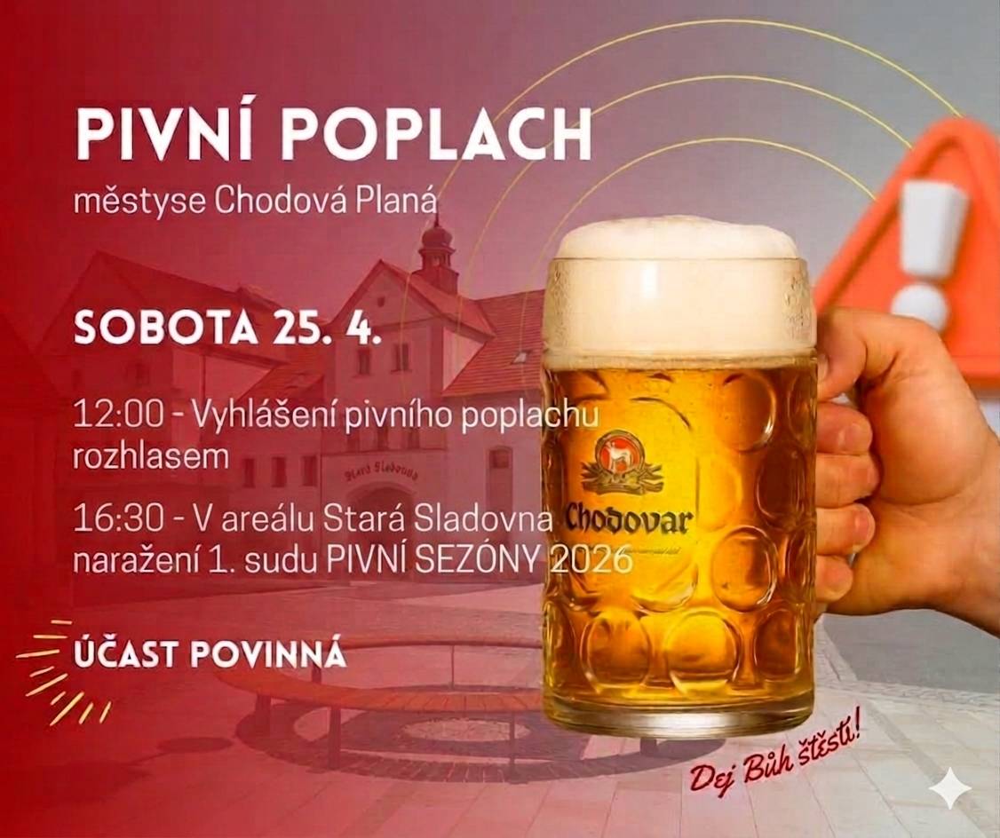 👉 V sobotu 25. 4. ve 12:00 dochází k vyhlášení pivního poplachu rozhlasem – a to znamená jediné: je čas připravit se na zahájení pivní sezóny 2026 🍺 👉 V 16:30 doběhnou do areálu rodinného pivovaru Chodovar běžci s pivním sudem, který koulí z německého partnerského města Störnstein. Poté proběhne slavnostní naražení 1. sudu PIVNÍ SEZÓNY 2026. Nezapomeňte – účast je (tak trochu) povinná. 😉  NÁDVOŘÍ U RESTAURACE STARÁ SLADOVNA