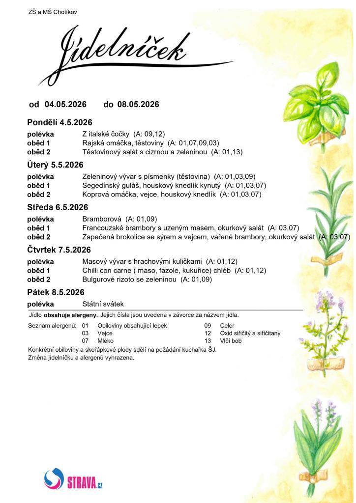 Jídelní lístek ZŠ a MŠ Chotíkov na týden 04. 05. 2026 - 08. 05. 2026.