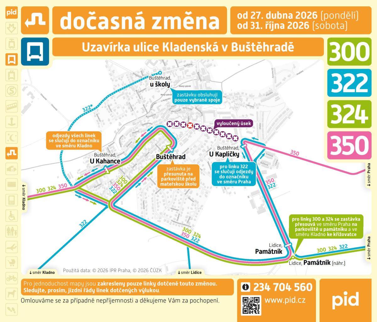 Z důvodu rekonstrukce komunikací v Buštěhradě dojde od 27. 4. k úpravě trasy autobusových linek 300 a 322 a ke změně jízdních řádů. Opatření potrvají až do konce října.