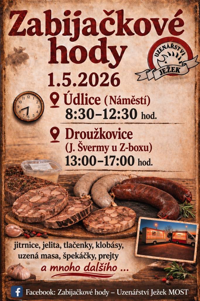 Vážení občané, dne 01.05.2026 od 08:30 do 12:30 na náměstí před obecní úřad, opět přijede pojízdná prodejna Uzenářství Ježek s uzenářskými a zabijačkovými specialitami.