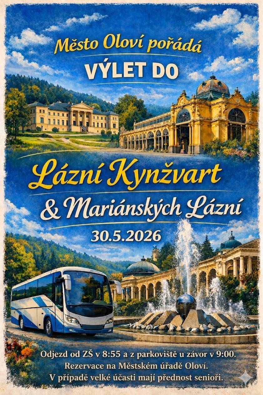 Město Oloví Vás srdečně zve dne 30.5.2026 na výlet do Lázní Kynžvart a Mariánských Lázní. Město Oloví hradí autobusovou dopravu. Neváhejte s rezervací (rezervace na tel. čísle: 722 972 379). Přednost mají naši senioři.