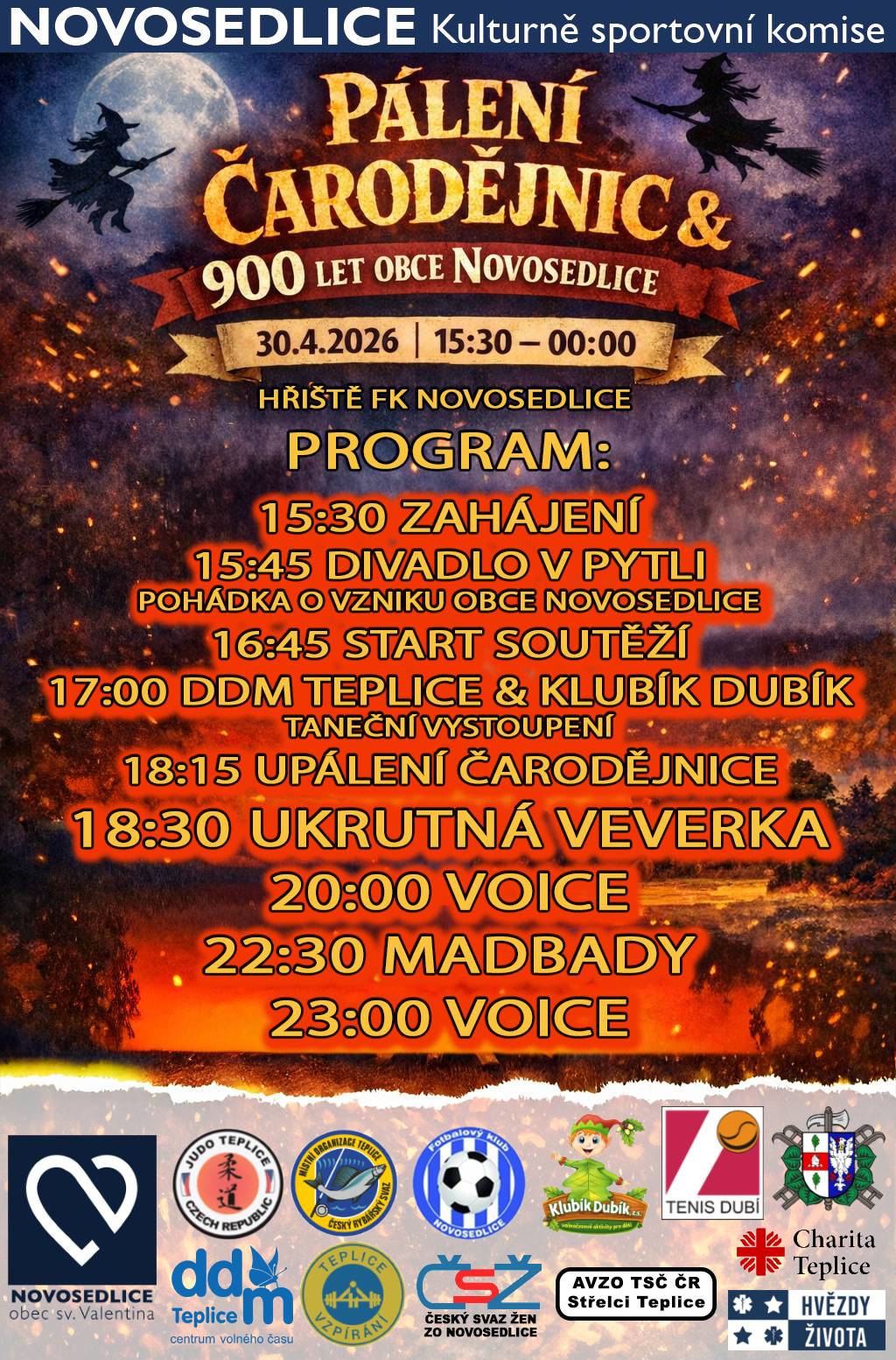 Již příští čtvrtek 30.4.2026 od 15:30 hodin na hřišti FK Novosedlice. Přinášíme vám kompletní program a důležité informace 👇 🕒 PROGRAM: • 15:30 – Zahájení • 15:45 – Divadlo v pytli: Pohádka o vzniku obce Novosedlice • 16:45 – Start soutěží (do 18:45) • 17:00 – DDM Teplice & Klubík Dubík – taneční vystoupení • 18:15 – Upálení čarodějnice 🔥 • 18:30 – Ukrutná veverka • 20:00 – VOICE • 22:30 – Madbady • 23:00 – VOICE ⚠️ DŮLEŽITÉ INFORMACE: 🚫 Na hřiště není povolen vstup se zvířaty 👉 Hluk a hudba pro ně opravdu není to pravé ořechové a zvířátka na hřiště nepatří :) 👉Vchod na hřiště bude pouze z ulice Hřbitovní! 🚗 PARKOVÁNÍ: Akce se nám rozrostla téměř do festivalové podoby a parkovací plochy bývají plné. ➡️ Využít můžete: • odstavný pruh podél ulice Hřbitovní (u hřbitova) • louku pod hřbitovem – viz mapka níže ✨ Budeme se na vás těšit! Obec Novosedlice