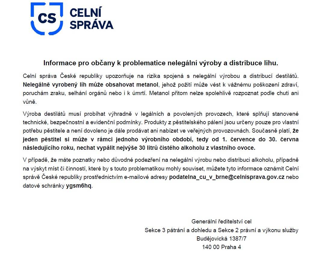 Informace pro občany k problematice nelegální výroby a distribuce lihu.