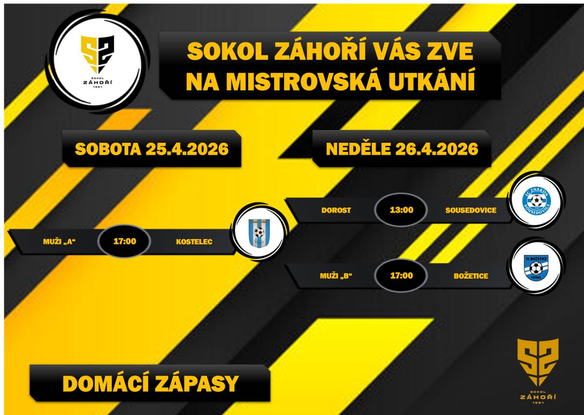 V Záhoří se v nadcházejících dnech uskuteční tři fotbalové zápasy, které slibují zajímavou podívanou. První zápas se koná 25. dubna 2026 od 17:00, kdy se tým Záhoří 'A' utká s Kostelcem v 8. lize mužů. Následující den, 26. dubna, se odehrají další dvě utkání, přičemž dorostenecký tým Záhoří/Bosto