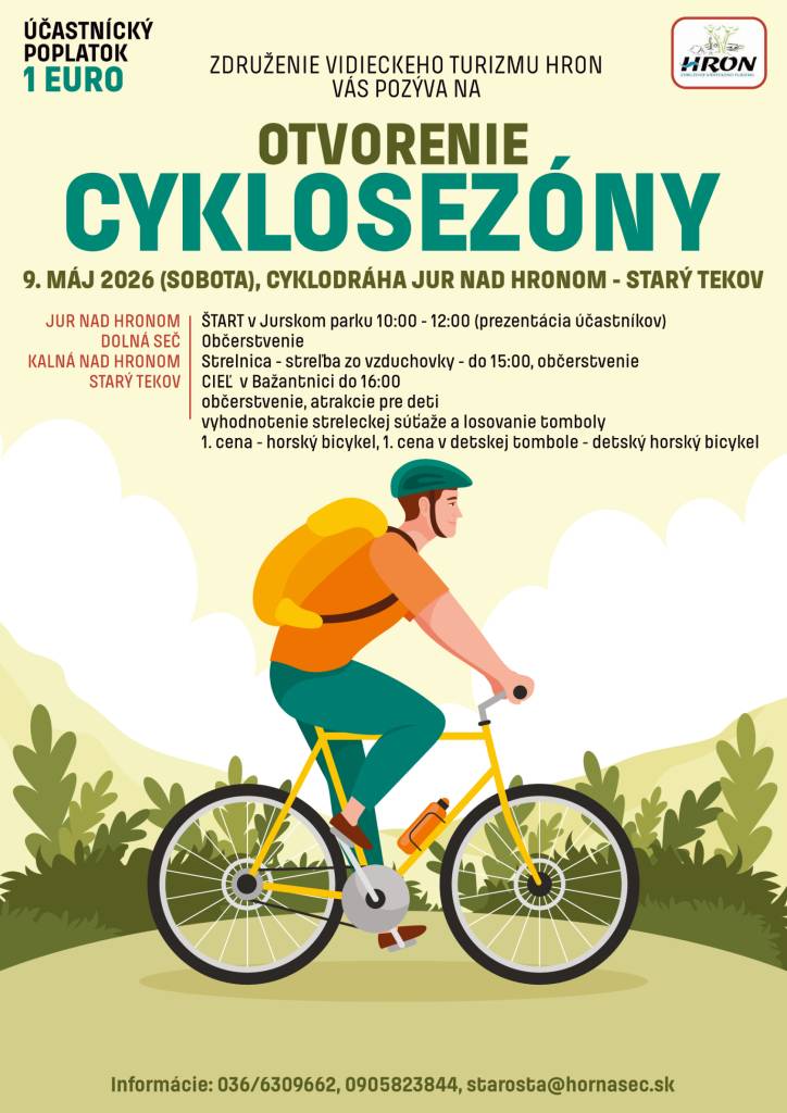Združenie vidieckeho turizmu Hron vás pozýva na OTVORENIE CYKLOSEZÓNY na cyklodráhe Jur nad Hronom - Starý Tekov, ktoré sa uskutoční v sobotu 9. mája 2026 so štartom v Jurskom parku od 10:00 hod.