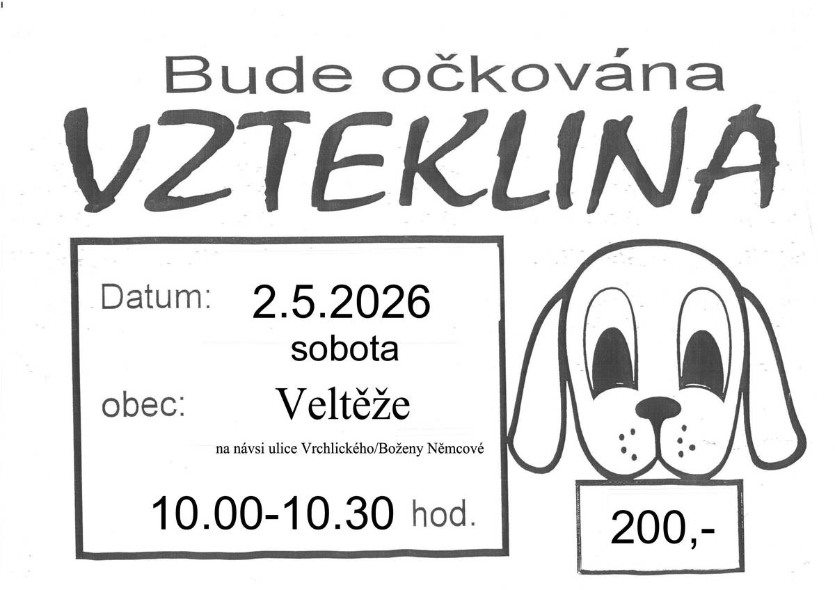 Očkování psů proti vzteklině proběhne v naší obci v sobotu 2.5.2026 od 10.00 do 10.30 hodin na návsi. Cena 200,- Kč.